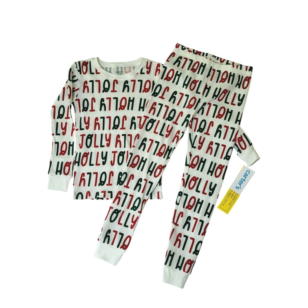 Carters Kids Holly Jolly Waffle Knit Thermal Pajama Set White Red Green Size 7